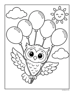 An owl flying under a bunch of five balloons, with a smiling sun and clouds