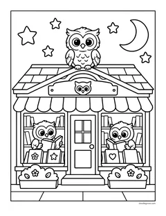 A little bookshop with an owl on the roof, two owls reading books in the shop windows and flower boxes, under a crescent moon and stars
