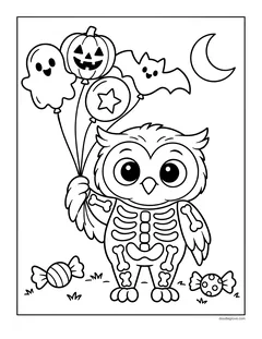 An owl in a skeleton costume holding balloons shaped like a ghost, a jack-o'-lantern and a star, with a bat, candies and a crescent moon
