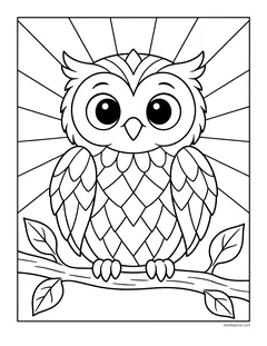 A cute owl with patterned feathers sitting on a branch in front of sun rays that divide the background into sections