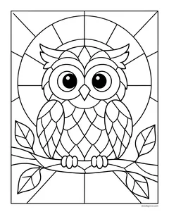 An owl on a branch inside a circle, with the whole picture divided into stained glass panels