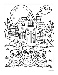 Three owlets standing in front of a haunted house with a Boo sign, a ghost floating from the chimney, pumpkins and a full moon