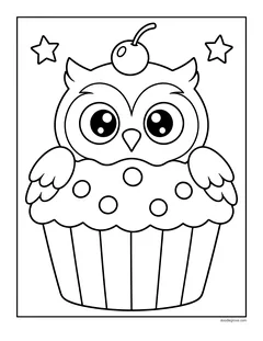 An owl sitting in a cupcake wrapper with a cherry on its head and dotted frosting, with two stars