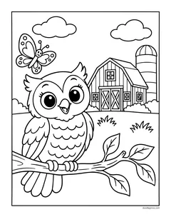 A smiling owl on a leafy branch in front of a barn and a silo, with a butterfly and clouds