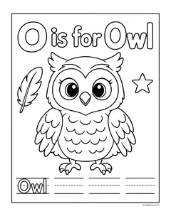 The words O is for Owl in outlined letters above a standing owl, a feather and a star, with a line for writing the word Owl