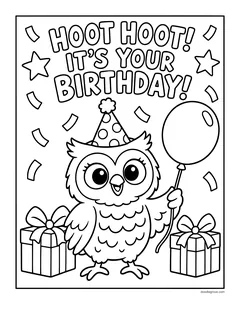 The words Hoot Hoot! It's Your Birthday! above an owl in a polka dot party hat holding a balloon between two gifts