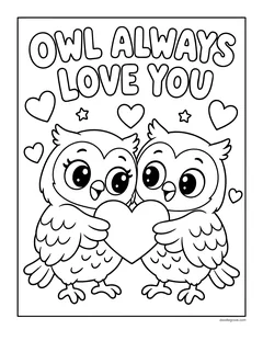 Two owls holding a big heart together under the words Owl Always Love You, with hearts and stars