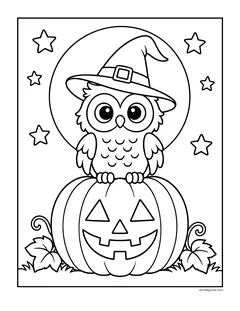 An owl in a witch hat perched on a large jack-o'-lantern in front of a full moon, with stars and vines