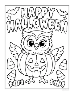 The words Happy Halloween in dripping letters above an owl sitting in a jack-o'-lantern bucket, with candy corn, candies and bats