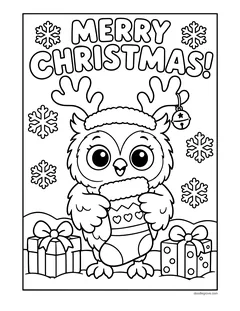 The words Merry Christmas above an owl wearing reindeer antlers and a winter hat, holding a stocking between two gifts, with snowflakes