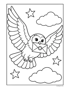 An owl flying with wide open wings and carrying a sealed envelope in its beak, with stars and clouds