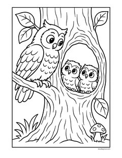 An owl sitting on a branch next to a tree hollow where two owlets are peeking out, with leaves, grass and a mushroom
