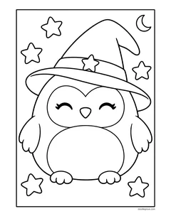 A round, chubby owl with closed smiling eyes wearing a star witch hat, surrounded by stars and a crescent moon