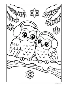 Two owls wearing fluffy earmuffs, sitting on a snowy branch among pine needles and snowflakes