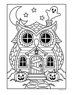 A house shaped like an owl, with round window eyes and a boarded-up door, a ghost floating from the chimney, two jack-o'-lanterns and a crescent moon