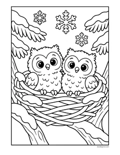 Two fluffy owlets sitting in a woven nest on a snowy branch, with snowflakes falling