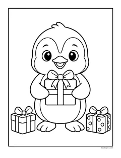 A penguin holding a wrapped present, with two more gifts at its feet