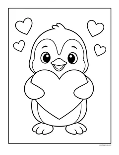 A penguin holding a big heart, with little hearts around it