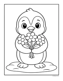 A penguin holding a bunch of flowers on the ice