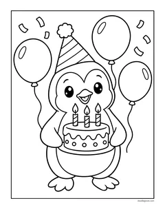 A penguin in a party hat holding a birthday cake with three candles, with balloons and confetti