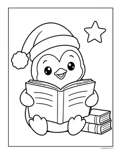 A penguin in a Santa hat sitting and reading a big book, next to a stack of books