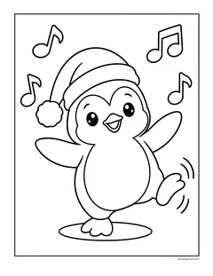 A penguin in a Santa hat dancing with one foot kicked up, with music notes around