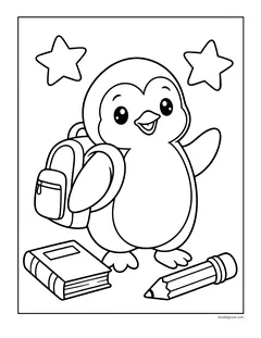 A penguin with a backpack waving, with a book and a pencil on the ground