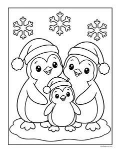 Two penguins and a baby penguin in matching Santa hats standing together in the snow