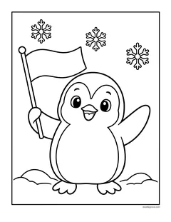 A penguin waving and holding a blank flag on the snow