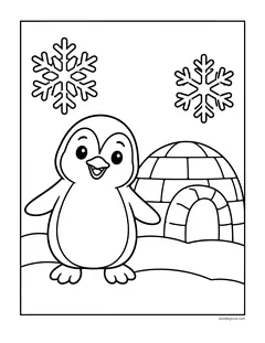 A penguin standing in the snow next to an igloo, with big snowflakes