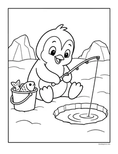 A penguin sitting by a hole in the ice with a fishing rod and a bucket of fish, with icebergs behind