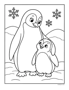 A tall mother penguin and a fluffy chick standing together on the ice with snowflakes