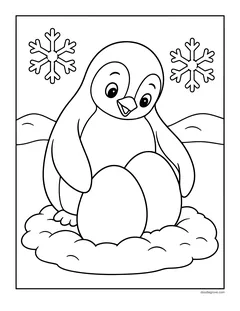 A penguin keeping an egg warm on a snowy nest, with snowflakes