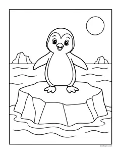 A penguin standing on a floating block of ice in the sea, with icebergs and the sun