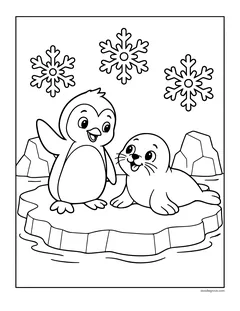 A penguin and a baby seal on an ice floe, with icebergs and snowflakes
