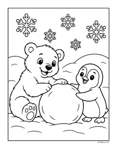 A polar bear cub and a penguin rolling a big snowball together