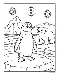 A realistic penguin on an ice floe, with a polar bear, icebergs and snowflakes behind