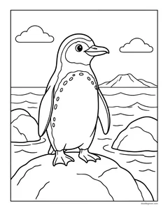 A realistic penguin standing on a rock by the sea, with rocks and mountains in the distance