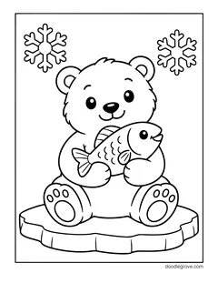 A polar bear cub sitting on an ice floe and hugging a big fish, with snowflakes