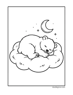 A polar bear cub curled up asleep on a fluffy cloud under a crescent moon and stars