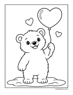 A polar bear cub standing on the snow and holding a heart balloon, with small hearts