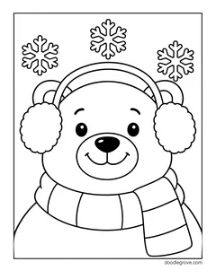 A big smiling polar bear face with fluffy earmuffs and a striped scarf, with snowflakes