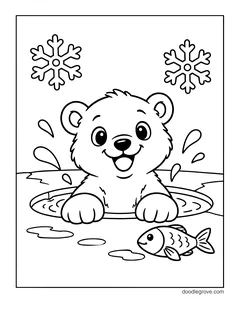 A happy polar bear cub popping out of a hole in the ice with splashes, and a fish lying on the ice, with snowflakes