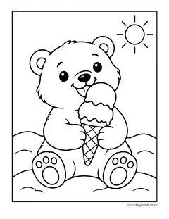 A polar bear cub sitting in the snow and licking an ice cream cone, with the sun