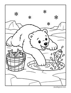 A polar bear reaching into a hole in the ice as a fish leaps out, with a bucket of fish, mountains and snowflakes
