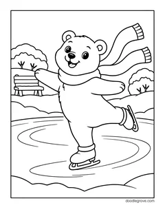 A polar bear in a scarf ice skating on a frozen pond, with a bench and bushes