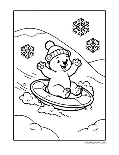 A polar bear cub in a pom-pom hat riding a snow tube down a hill, with snowflakes