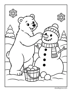A polar bear giving a snowman in a knit hat and scarf a carrot nose, with a bucket of snowballs and pine trees