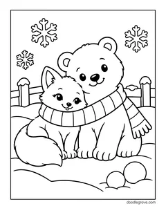 A polar bear and an arctic fox sharing one long striped scarf in the snow, with a fence, snowballs and snowflakes