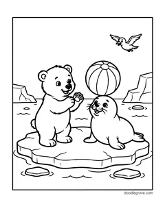 A polar bear cub playing with a seal that balances a striped ball on its nose, on an ice floe with icebergs and a bird